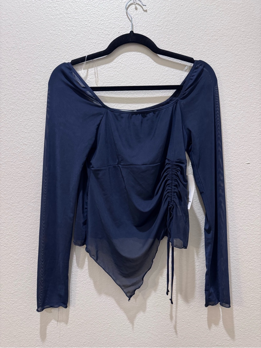 Navy Long-Sleeve Ruched Sheer Blouse